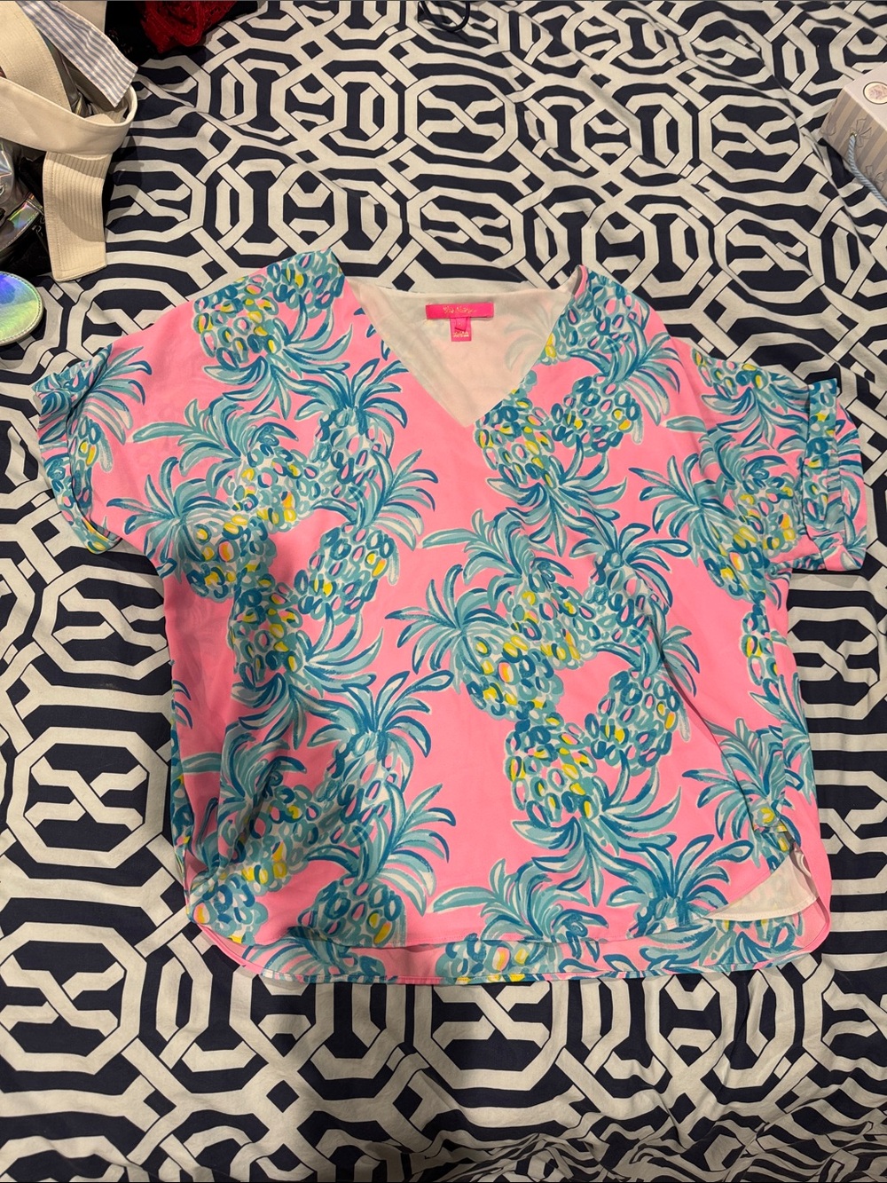 Lilly Pulitzer Pink Pineapple-Print V-Neck Tee